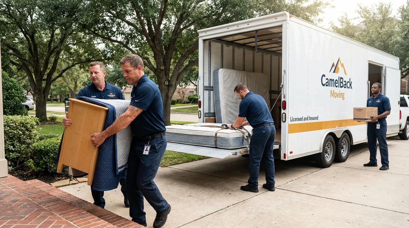 Crew loading residential truck for cross-state move from Phelan, CA