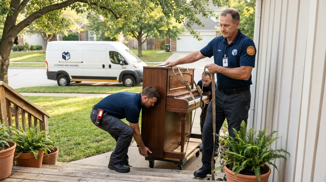 Licensed piano movers securing grand piano in Phelan, CA