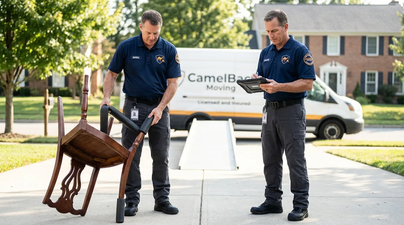 Movers inspecting furniture for damage prevention before loading in Phelan, CA