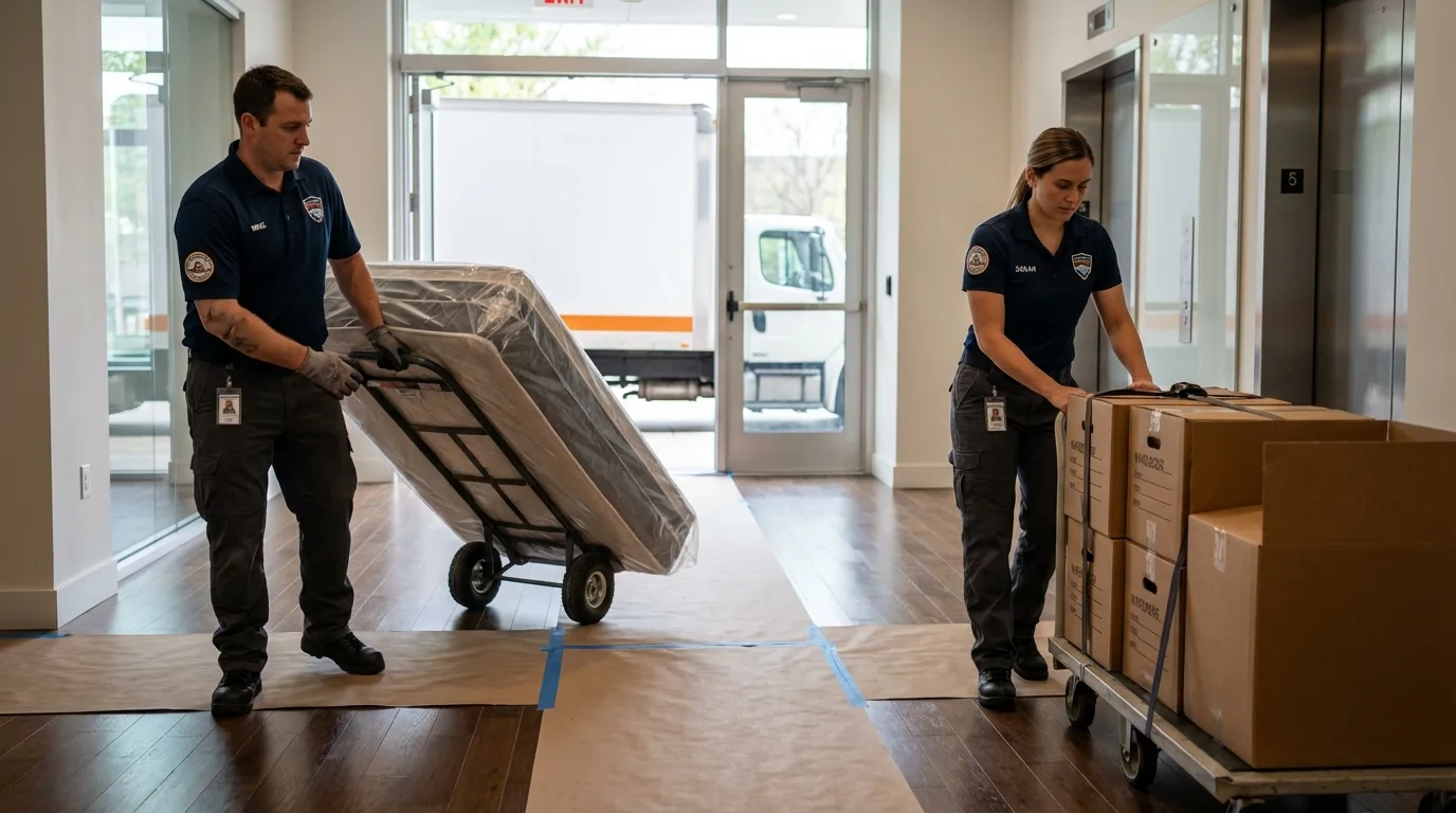 Professional apartment movers loading elevator in Phelan, CA
